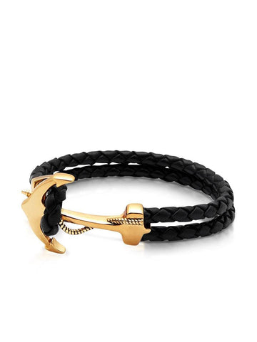 Nialaya Men's Leather Bracelet Men's Black Leather Bracelet with Gold Anchor Men's Gold Anchor Bracelet in Black Leather
